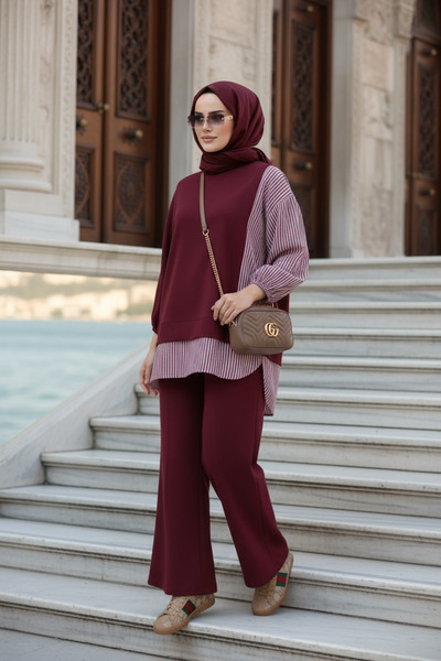 Aselim Hijap Moda Γυναικείο Σετ Χιτζάμπ Σετ Πουκάμισο Διπλό Σετ Πουκάμισο Σκούρο Βουργουνδία