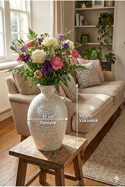 RİVO HOME DECOR Seramik Dekoratif Vazo 31x50 cm El İşçiliği Desenli Beyaz