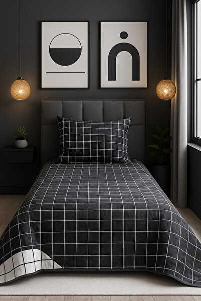 VİLERA HOME طقم غطاء سرير مزدوج الجوانب من قماش الكاروهات الأسود لشخص واحد