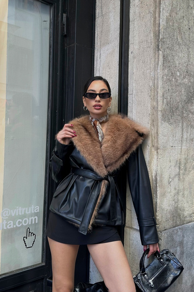 ASEDE Jachetă din piele cu guler de blană premium