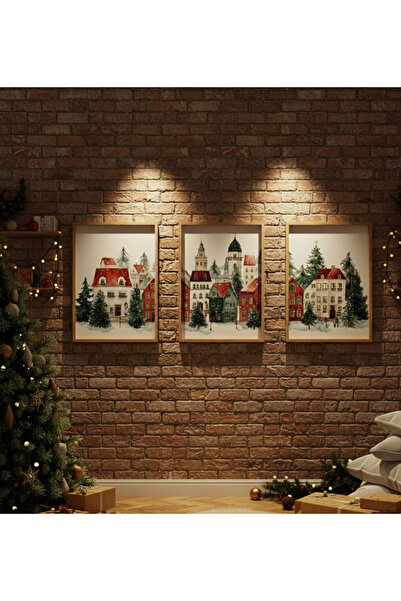 Creatick Design Masif Ahşap Çerçeveli 3'lü Noel Köyü Kasabası I Karlı Kış Kas...