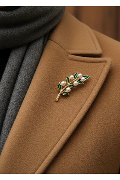 MODAMİRA AKSESUAR Gold Renk İncili El Emeği Zümrüt Yeşili Yaprak Desenli Mineli Şık Zarif Tasarım Broş
