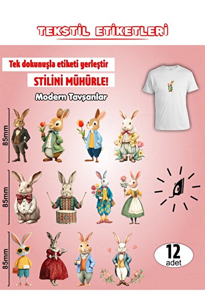 AGG Reklam Ütü ile Yapışan Kıyafet Etiketi Modern Tavşanlar 12Li Set