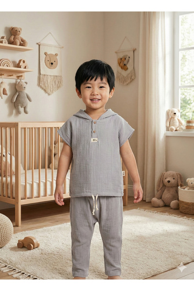 Mini Baray Age Boy Hooded Summer Muslin Set - 2-3-4-5 Years Old Breathable Co...