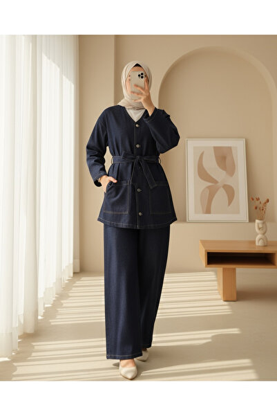 Modamorfo Buttoned Front Double Pocket Belted Denim Suit -K.Laci