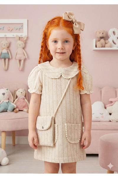 Mini Baray Çantalı Cepli Çizgili Yazlık Pamuklu Kız Elbise"