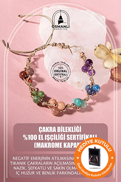 OSMANLI DOĞAL TAŞ Orijinal & Sertifikalı El Yapımı Çakra Bilekliği Makrome Kaplama Kutulu Yılbaşı Hediyesi Doğal Taş