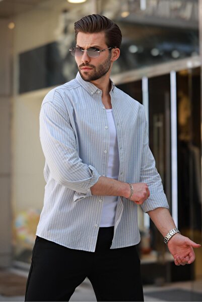 Madmext Pánská košile – modrá pruhovaná, dlouhý rukáv, bavlna 6746