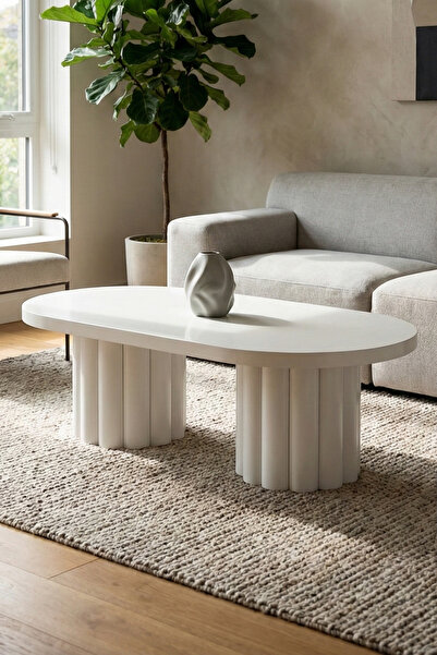 Liya Hisar Orta Sehpa Ahşap Orta Sehpa Oval Salon Sehpa Oval Orta Sehpa Bohem 120x70 Cm Beyaz