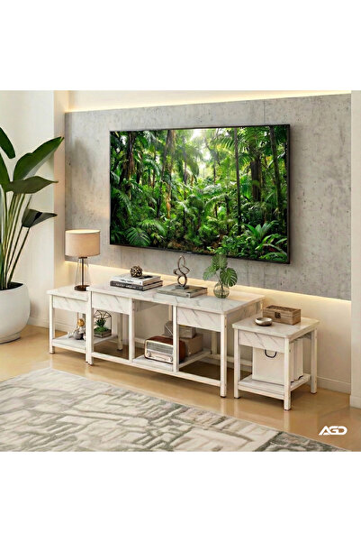 AGD 3-piece stackable nesting coffee tables, TV & living room side tables - white marble