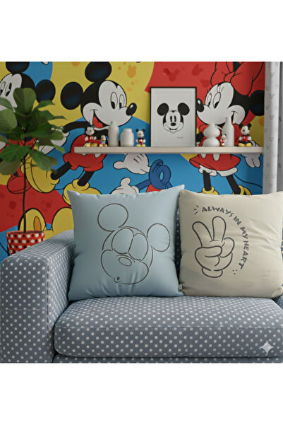 Taç Disney Mickey Mouse Çift Taraflı Baskı %100 Pamuk Dekoratif 2'li Yastık Kılıfı 63x63 Cm