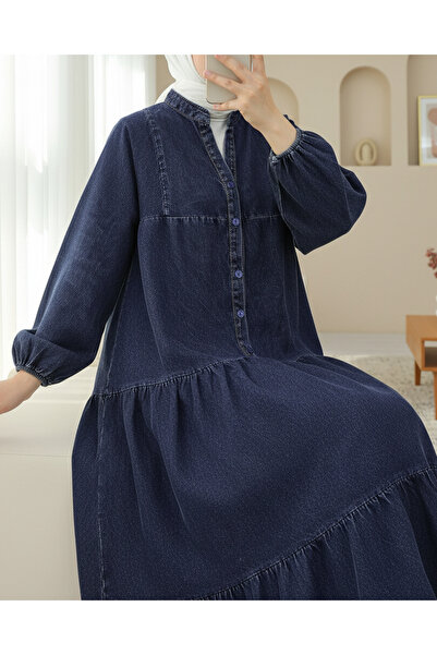 Modamorfo Φόρεμα με μισό κουμπί με λαστιχένια μανίκια νυχτερίδας - Navy