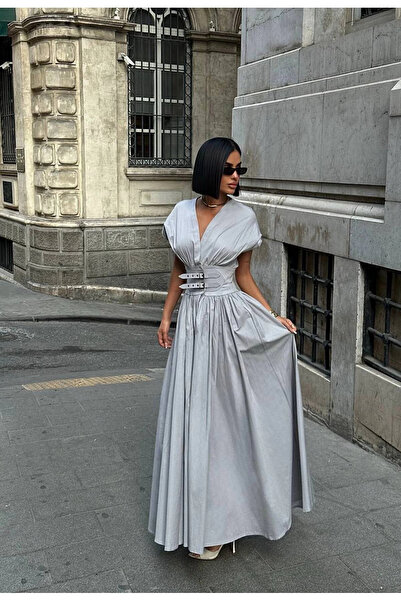 VİSKALİ Kadın Kuşak Detaylı V Yaka Kısa Kollu Maxi Elbise