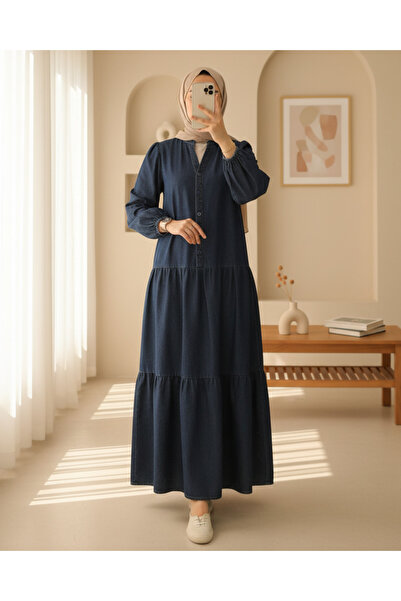 Modamorfo Φόρεμα με μισό κουμπί με λαστιχένια μανίκια νυχτερίδας - Navy