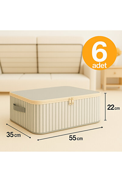 Ekici home textile 6 Pieces - Patterned Anthracite Striped Medium Size Underbed Storage and Sofa Bed Type Storage Box 55X35X22 cm