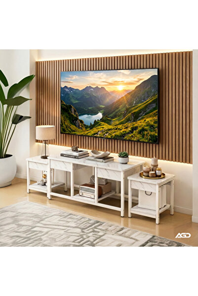 AGD Nesting coffee tables, 3-piece side tables for the living room, and a white TV stand.