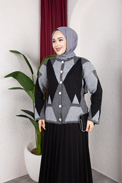 Sfg Life Moda Women's Raised Pocket and Diamond Patterned Knitwear Cardigan