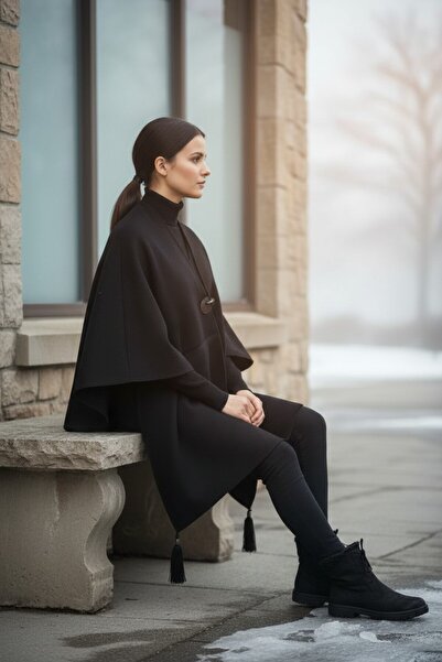 Onur بونشو تريكو أسود - إيمالي، مقاس كبير، شتاء دافئ، مجموعة جديدة من الموضة