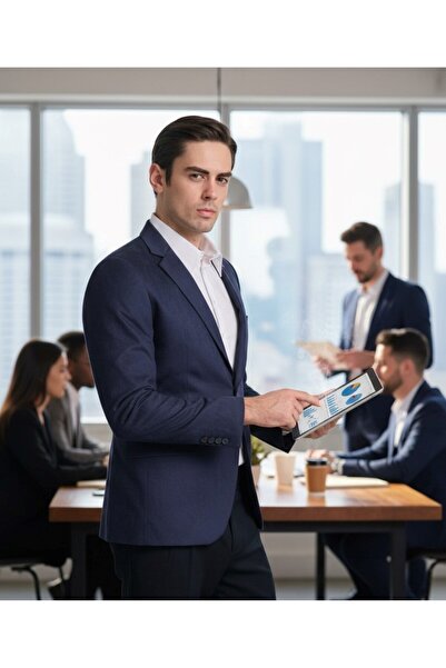 Frappoli Cencio Erkek Açık Lacivert Diagonel Süet Slim Fit Mono Yaka Spor Blazer Ceket