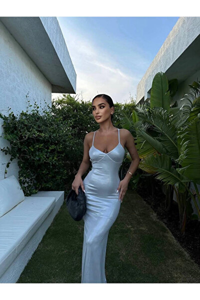 VİSKALİ Simli Askılı Yırtmaç Detaylı Gri Elbise