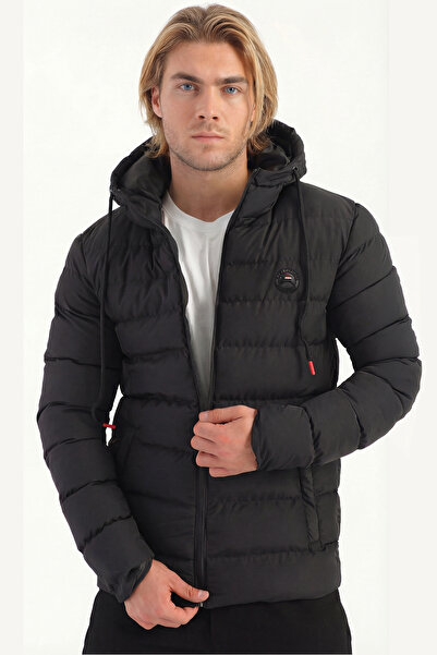 D1fference Palton gonflabil cu glugă, căptușită neagră pentru bărbați