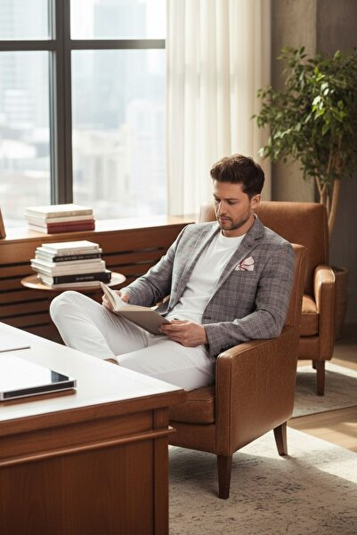 Frappoli Gasparov Men's Gray - Burgundy Plaid Slim Fit Mono Collar Blazer Jacket