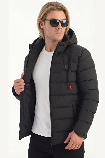 D1fference Palton gonflabil cu glugă, căptușită neagră pentru bărbați