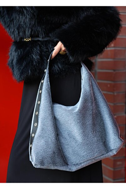 minebag Plush Textured Leather Detailed Viona Handbag Gray