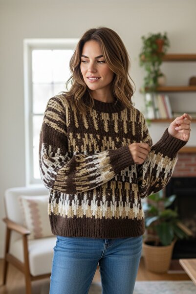 Molly Nelly Kadın Renkli Triko Kışlık Kazak blok desenli oversize kazak