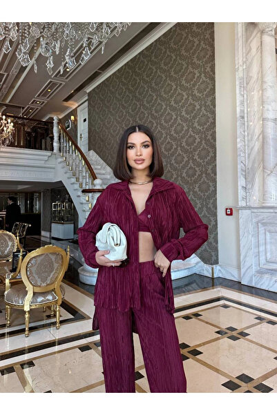 VİSKALİ Piliseli Üçlü Bordo Takım Crop Gömlek Pantalon