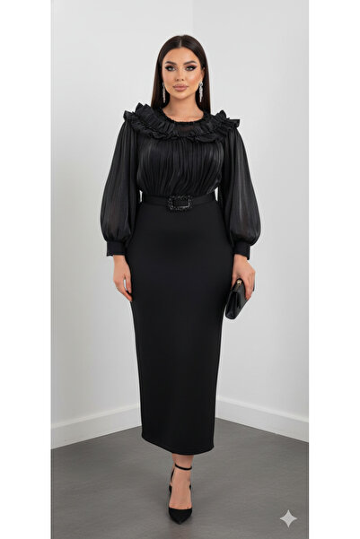 CAREZZA Mirellé - Rochie de seară cu guler cu volane și curea cu pietre - Negru