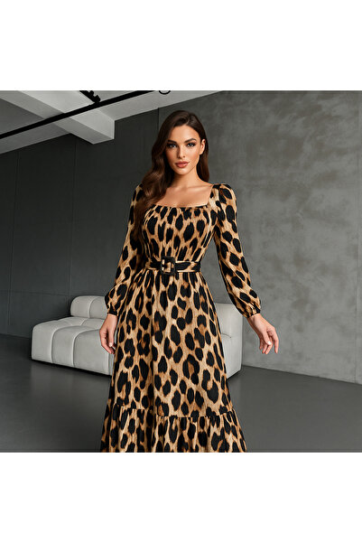 merysare فستان نسائي من القماش الملتوي بنمط الفهد مع حزام