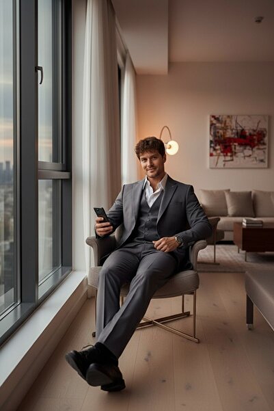 Frappoli Ανδρικό υφασμάτινο μπουφάν από πολυβισκόνη ανθρακί Celiato + παντελόνι + σετ κοστούμι με γιλέκο εφαρμοστό κοστούμι