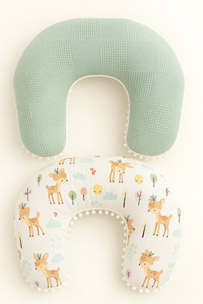 Jaju Baby وسادة الرضاعة الطبيعية بتصميم غزال من قماش وافل بيكيه مع بوم بوم - ...