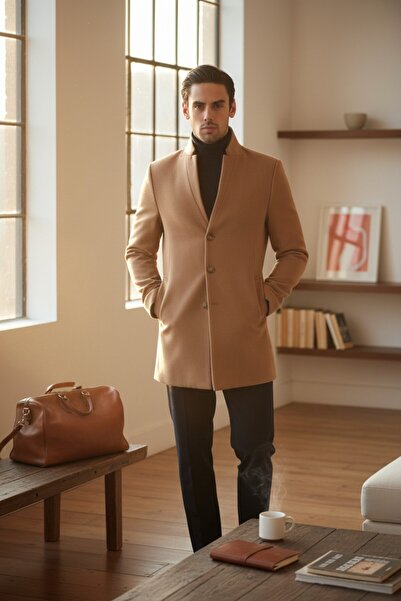 Frappoli Men's Regular Fit Stand Collar Cashmere Coat