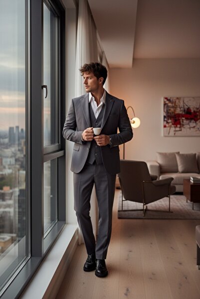 Frappoli Ανδρικό υφασμάτινο μπουφάν από πολυβισκόνη ανθρακί Celiato + παντελόνι + σετ κοστούμι με γιλέκο εφαρμοστό κοστούμι