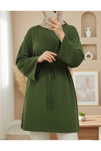 Modamorfo تونيك قطني ممشط برقبة دائرية وربطة عند الخصر - كاكي