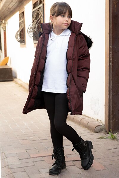 Cansın Mini Burgundy Fur Lined Detachable Hooded Girl's Coat 21550