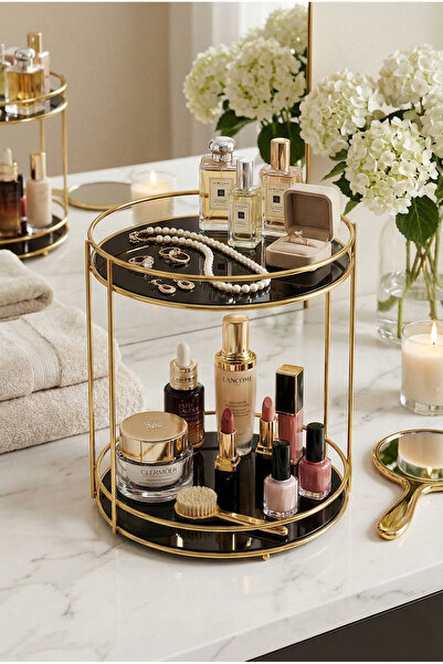 AKAMİNO Gold Metal Banyo Kozmetik Takı Düzenleyici 2 Katlı Çok Amaçlı Organizer Yuvarlak Sunum Tepsisi