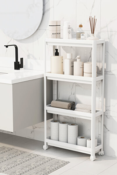 DEYHOME وحدة رفوف دوارة مكونة من 4 طبقات، رف حمام أبيض، رف مطبخ، طاولة تقديم، منظم متعدد الأغراض