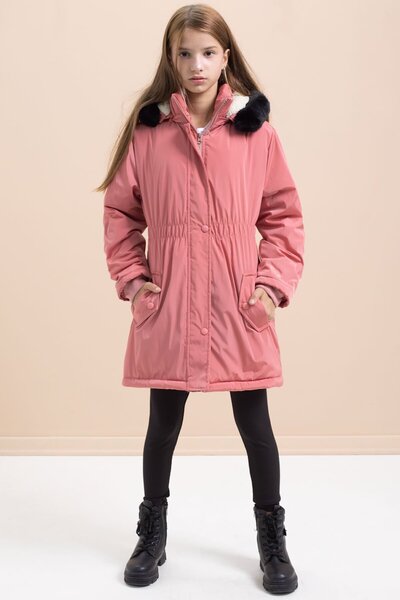 Cansın Mini Dusty Rose Snap Pocket Flexible Waist Fur Inside Hooded Girl's Coat 21309