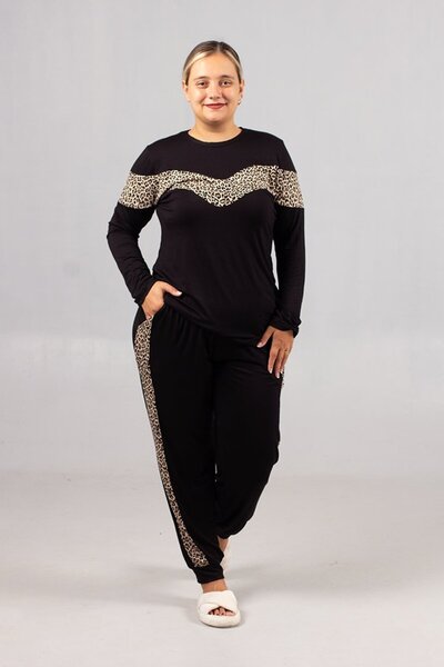 Truva XXL Γυναικείο κοστούμι μεγάλου μεγέθους με μαύρες ρίγες λεοπάρ – Κομψά και άνετα ρούχα για το σπίτι