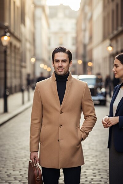 Frappoli Erkek Regular Fit Dik Yaka Kaşe Kaban