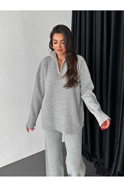 miratriko Zipper Detail Knitwear Sweater Trousers Double Set