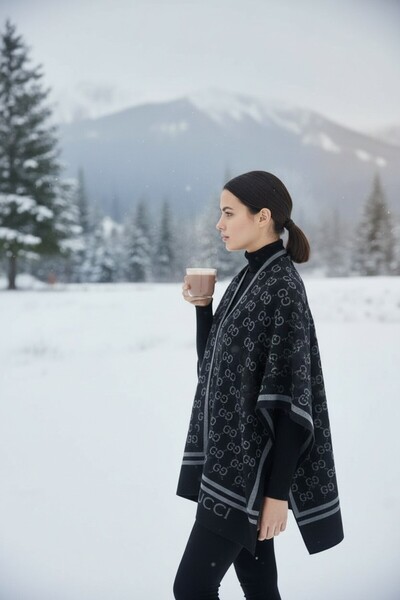 Onur Panço - Dokuma Kumaş Triko Tesettür Panço Kışlık Sıcak Tutar Dış Giyim Kaliteli Moda Mağaza