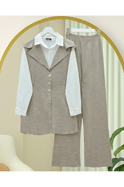Modamorfo Buttoned V-Neck Vest Pants Knitwear Set - Light Mink