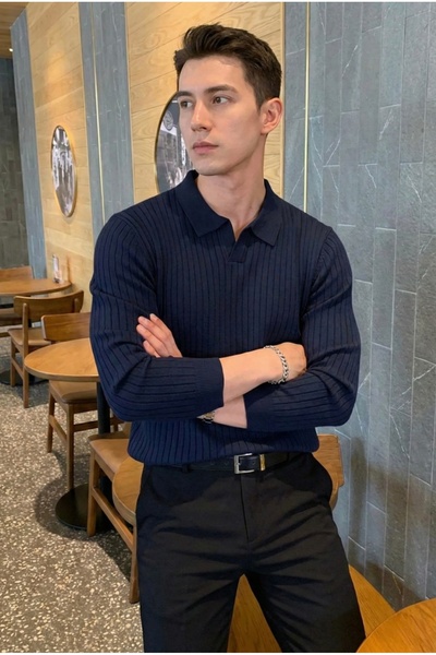 Tarz Cool سترة تريكو مضلعة بياقة بولو للرجال باللون الأزرق الداكن