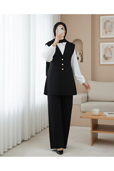 Modamorfo Buttoned V-Neck Vest Pants Knitwear Set -Black