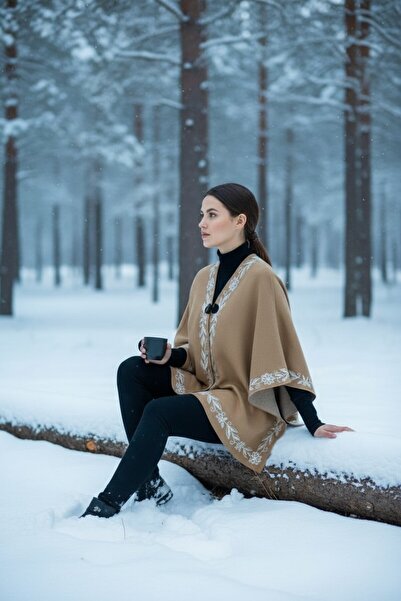 Onur Χειμώνας - Νέα Συλλογή Πλεκτό Πόντσο με Μοτίβο Λουλουδιών Απλό Χρυσό για Άνετη Χρήση