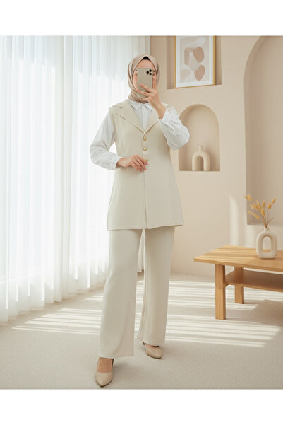 Modamorfo Buttoned V-Neck Vest Pants Knitwear Set - Cream